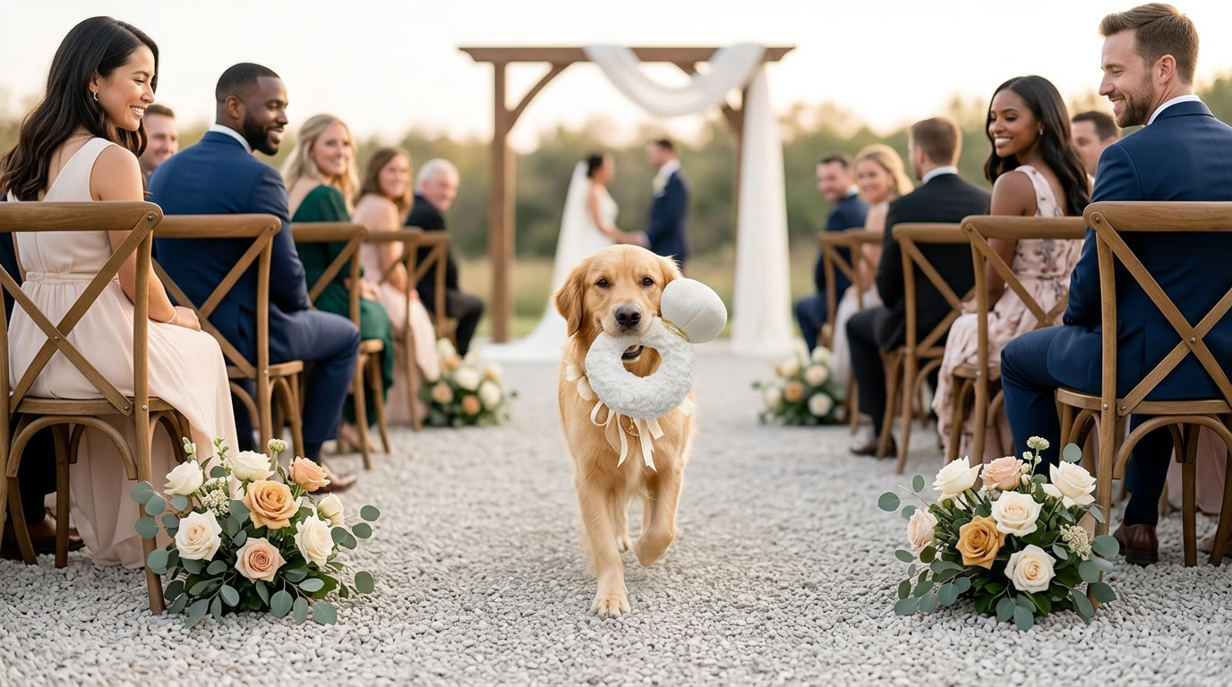 Dog running with a aesthetic plush pet toy ring at a wedding ceremony