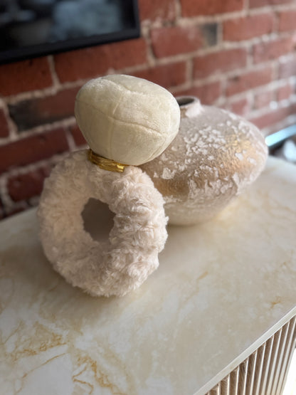 Aesthetic ivory, white-colored gold band plush dog pet toy ring for engagements, proposals, weddings